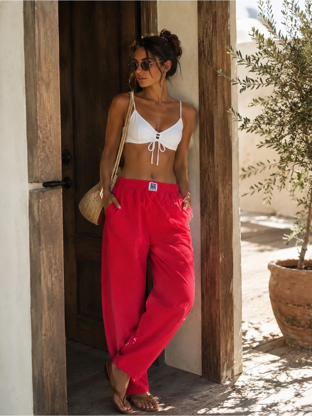 Elastic-Waist Wide-Leg Pants in Vibrant Red